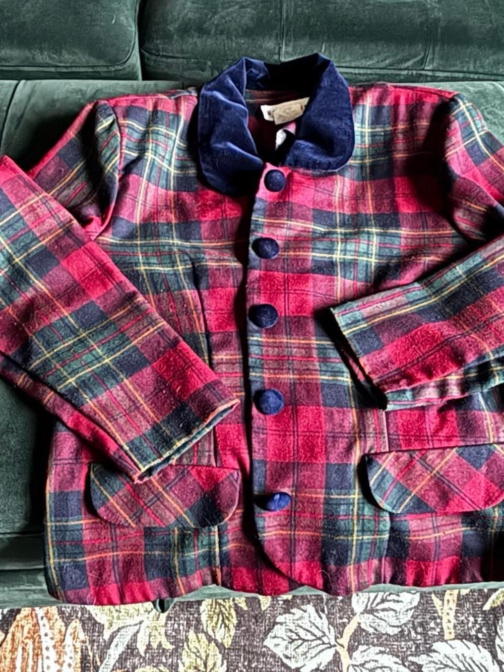 Red and Navy Plaid Jacket with Velvet Collar and Buttons- small shoulder pads